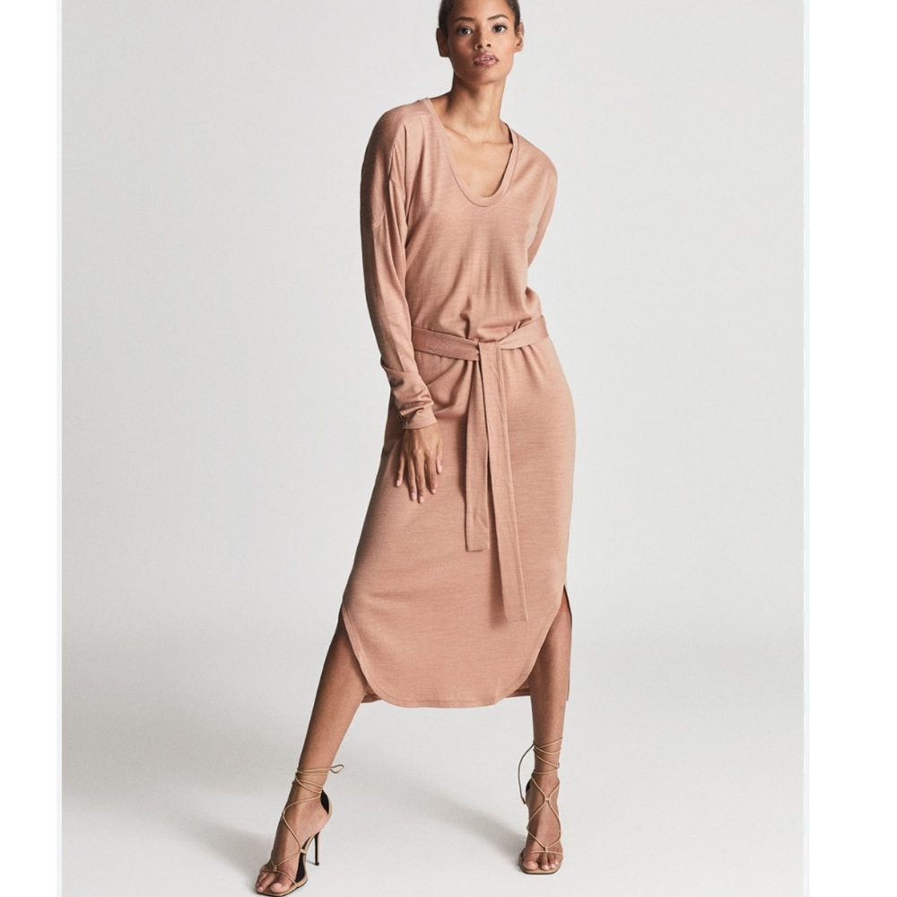REISS Cleo V Neck Wool Blend Fine Jersey Midi Dress size Small tan camel